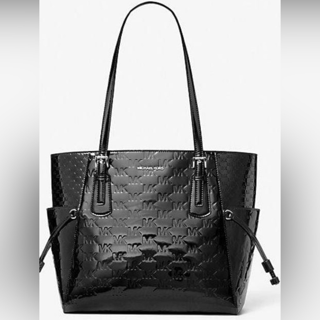 Michael Kors Voyager Large Black Patent Logo Embossed Mk Tote Bag Nwt